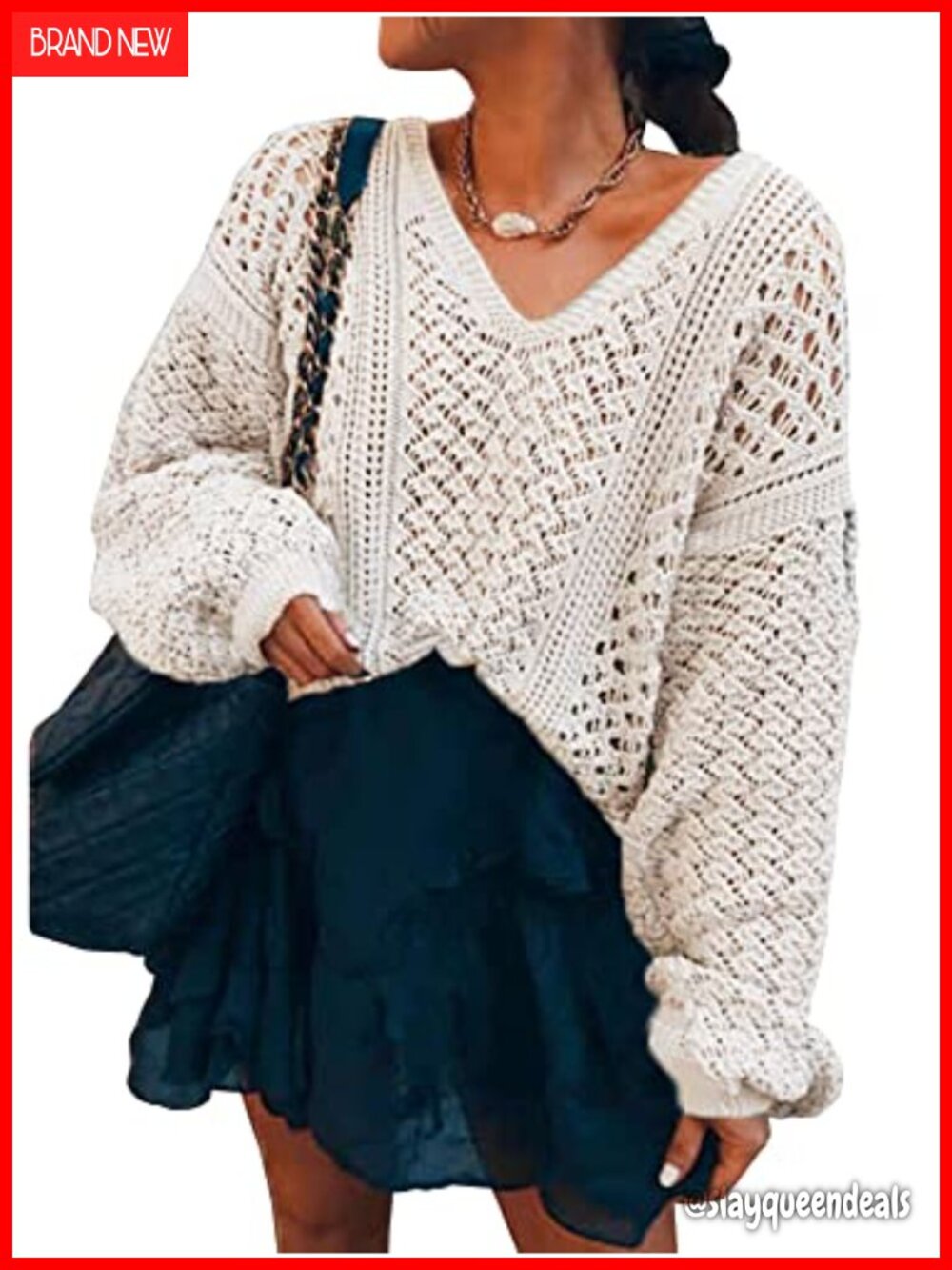 Women's Oversized V Neck Off Shoulder Crochet Sweater Batwing Sleeve Pullover
